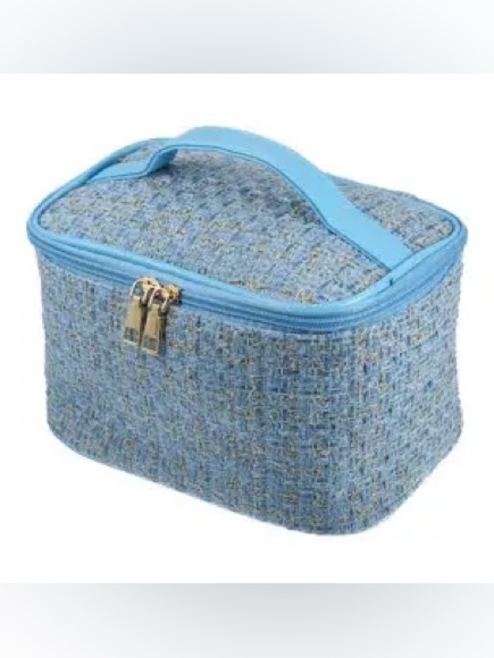 Light Blue Tweed Cosmetic Case with Top Handle